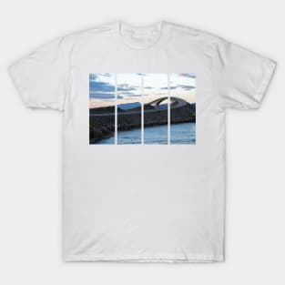 Wonderful landscapes in Norway. Vestland. Beautiful scenery of famous bridges on the Atlantic Road scenic route. Calm sea at the sunset in a cloudy day. Sunrays through clouds. T-Shirt